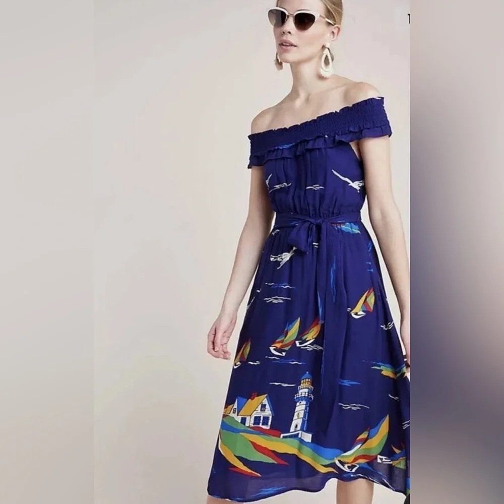 48 of 52 Conversations Anthropologie off shoulder nautical lighthouse dress sz 4 - Picture 1 of 13
